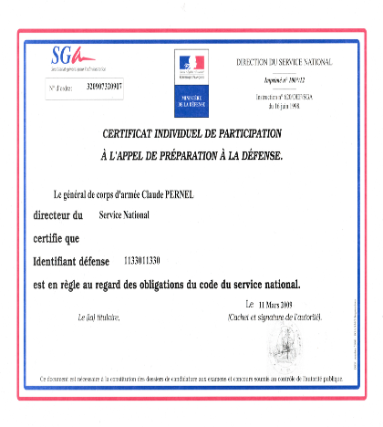 Certificat de la journée de défense et citoyenneté